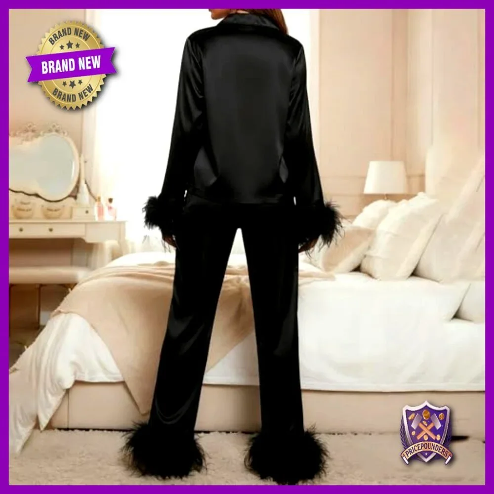 Feather Trim Silk Pajama Set Long Sleeve Button Down Lounge Sleepwear